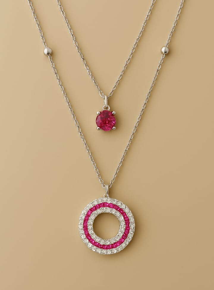 Dual layer ruby charm necklace (stainless steel )