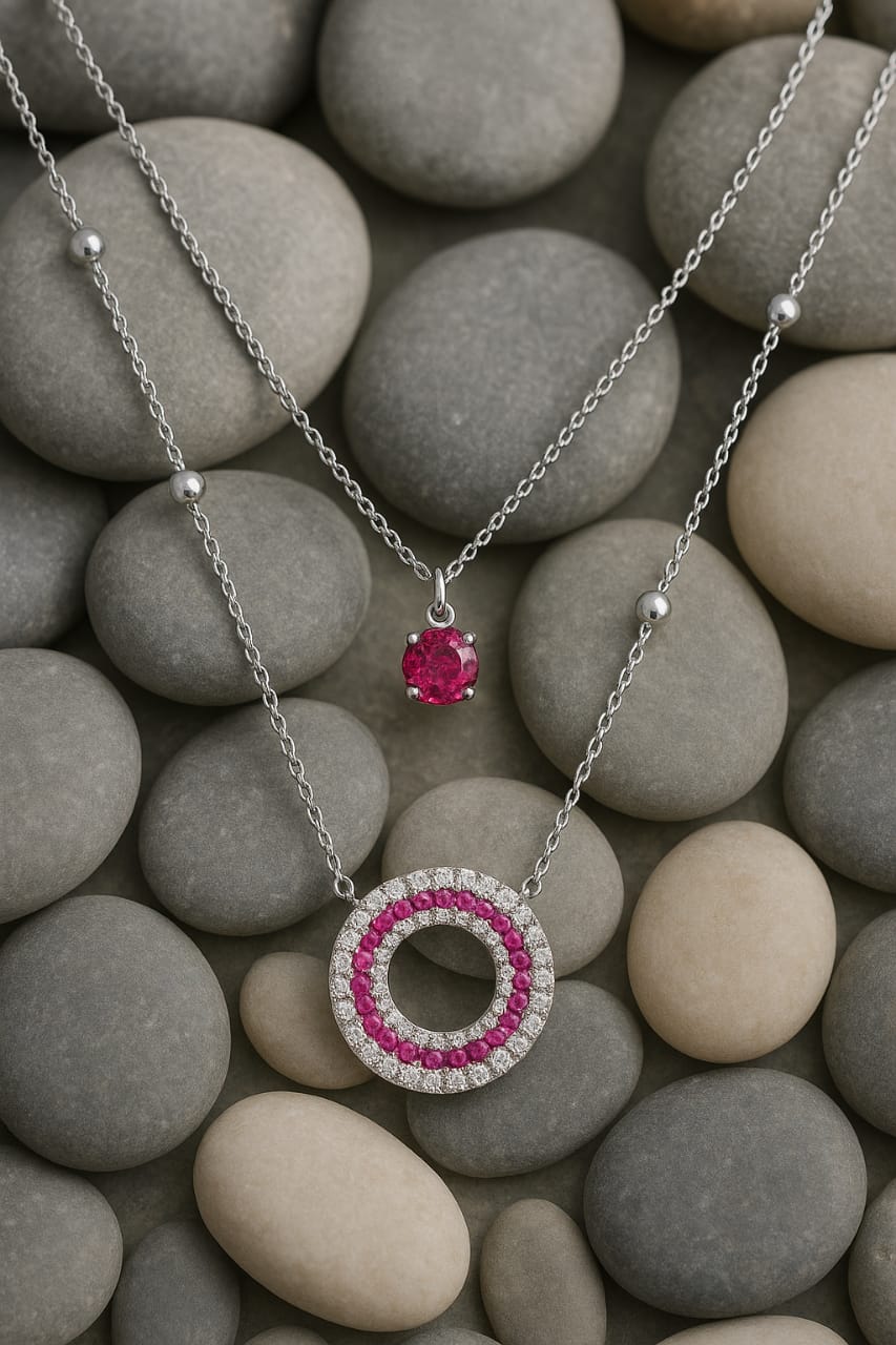 Dual layer ruby charm necklace (stainless steel )