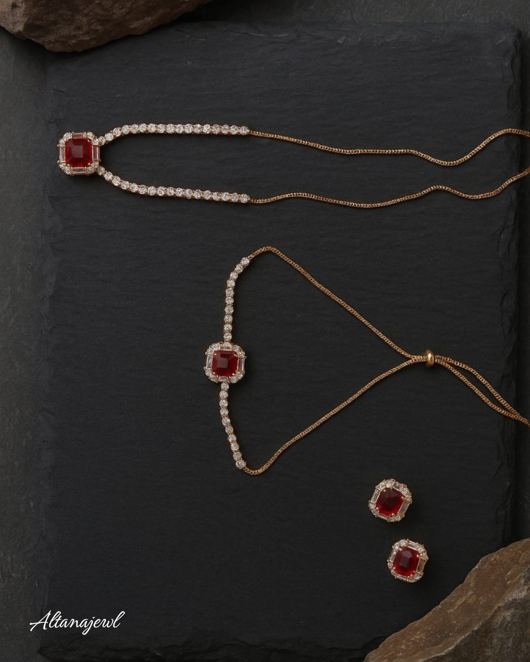 Red stone set (neckless, bracelet, earrings(stainless steel)
