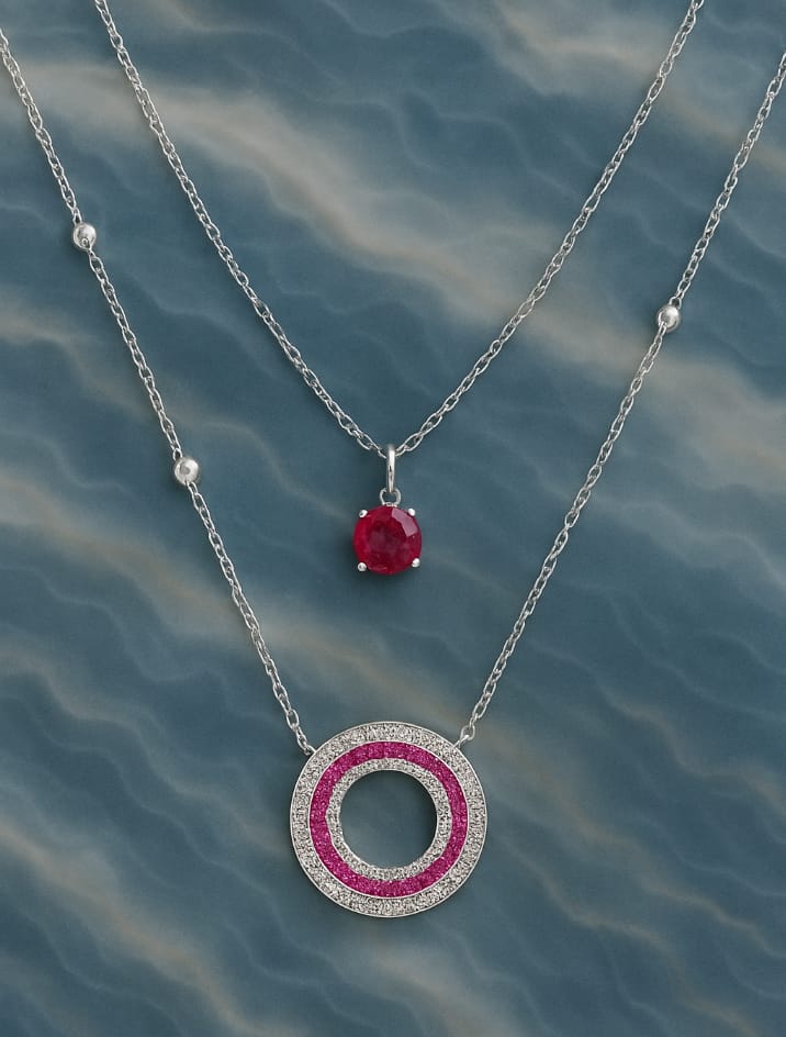 Dual layer ruby charm necklace (stainless steel )