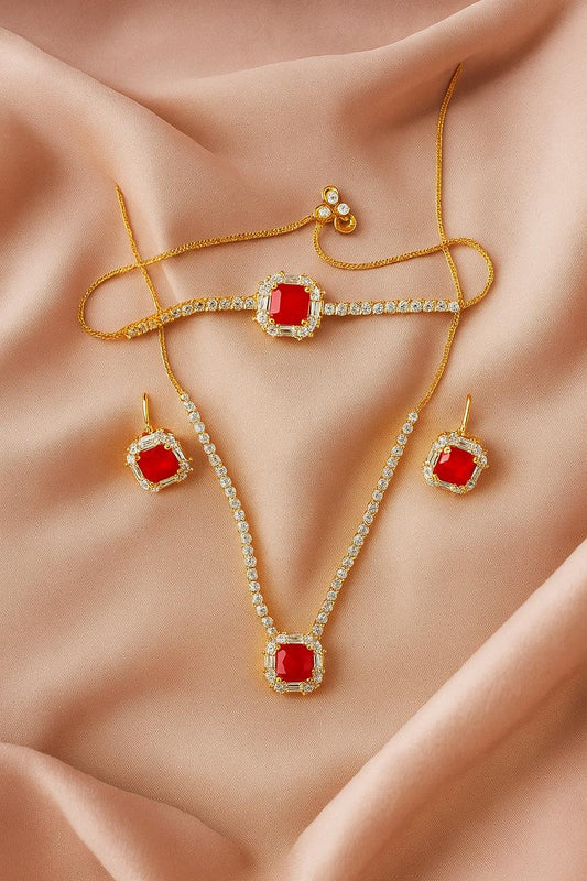 Red stone set (neckless, bracelet, earrings(stainless steel)